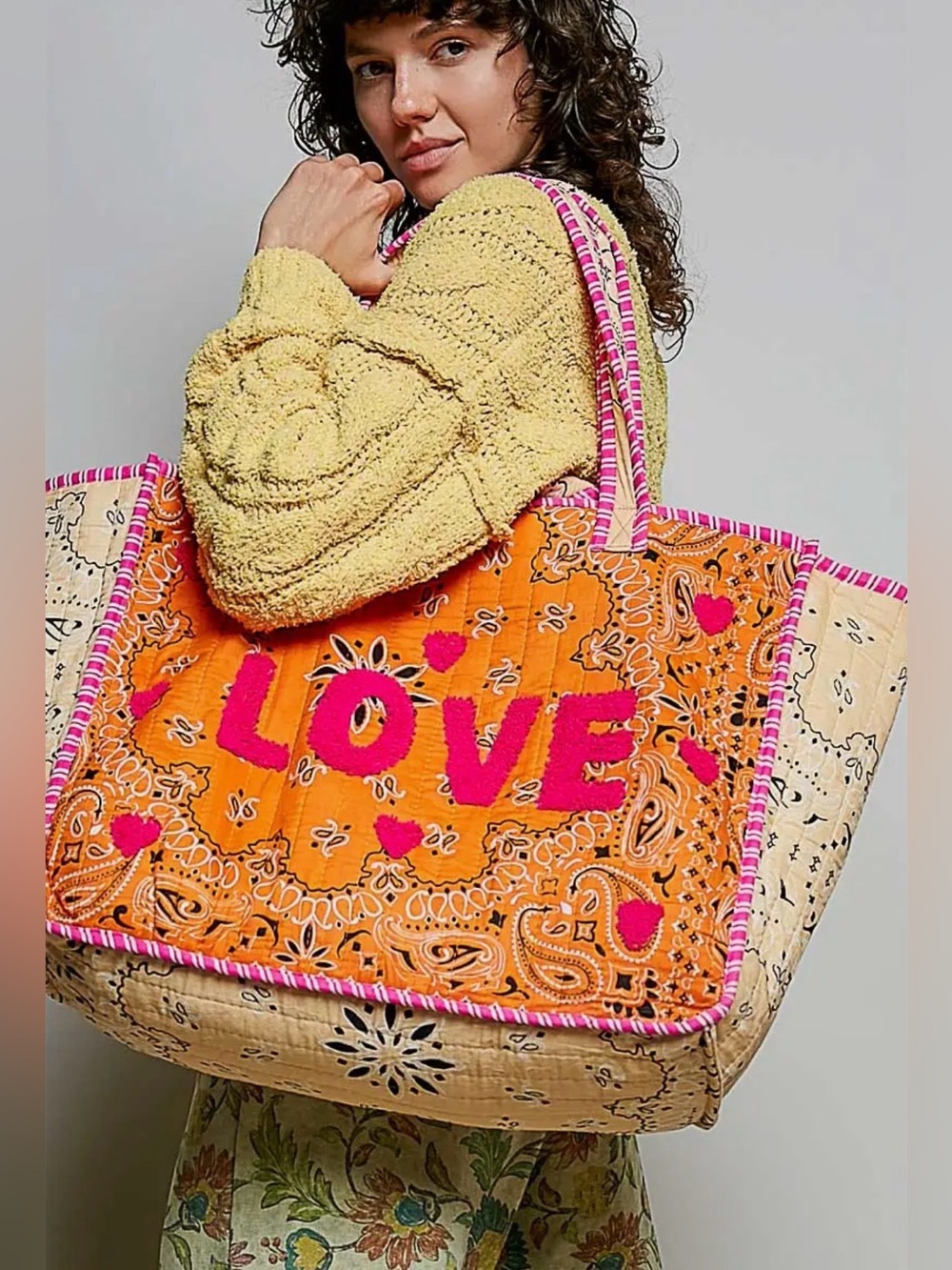 POL orange beige Kantha quilted patchwork cotton embroidered love boho tote bag